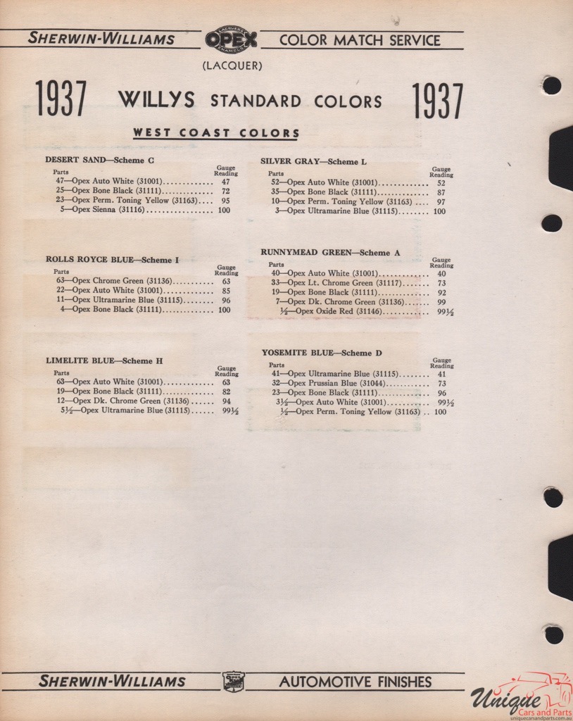 1937 Willys Paint Charts Williams 3